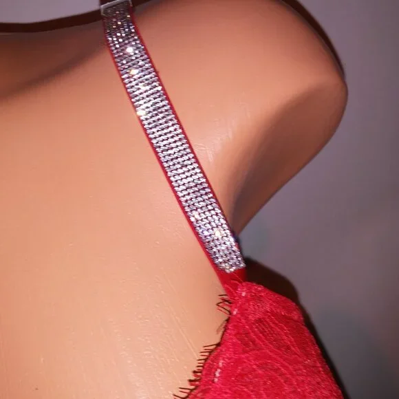 Victoria Secret Bra Push Up Red Silver Shine Strap Logo Lace Long Line Very Sexy Bras